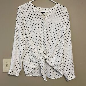 Talbots Ivory Navy Polka Dot Button Down Tie Front Blouse Petite Large FLAW